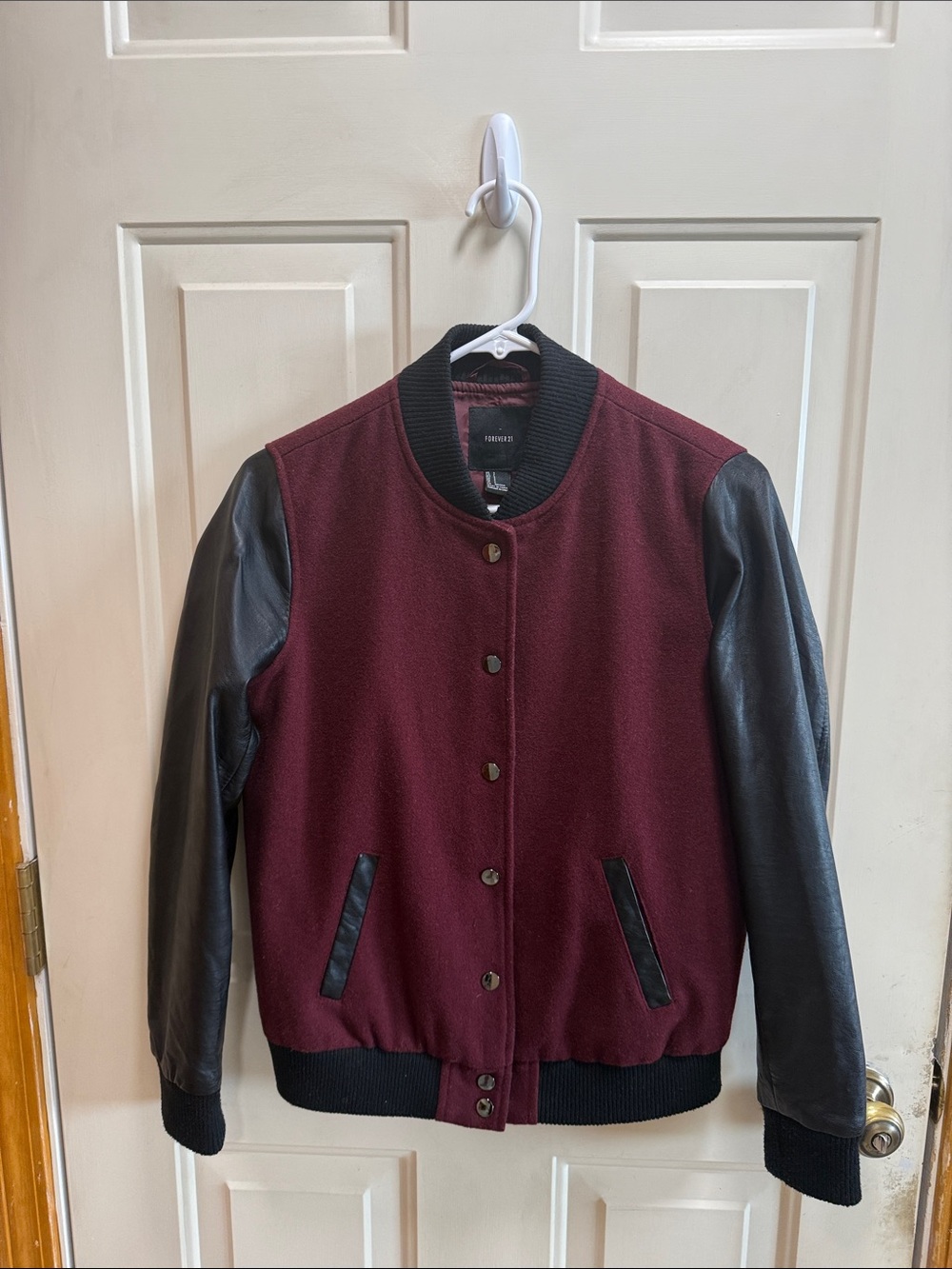 Forever 21 Women's Burgundy Bomber  Letterman Jacket Black Faux Leather Sleeves